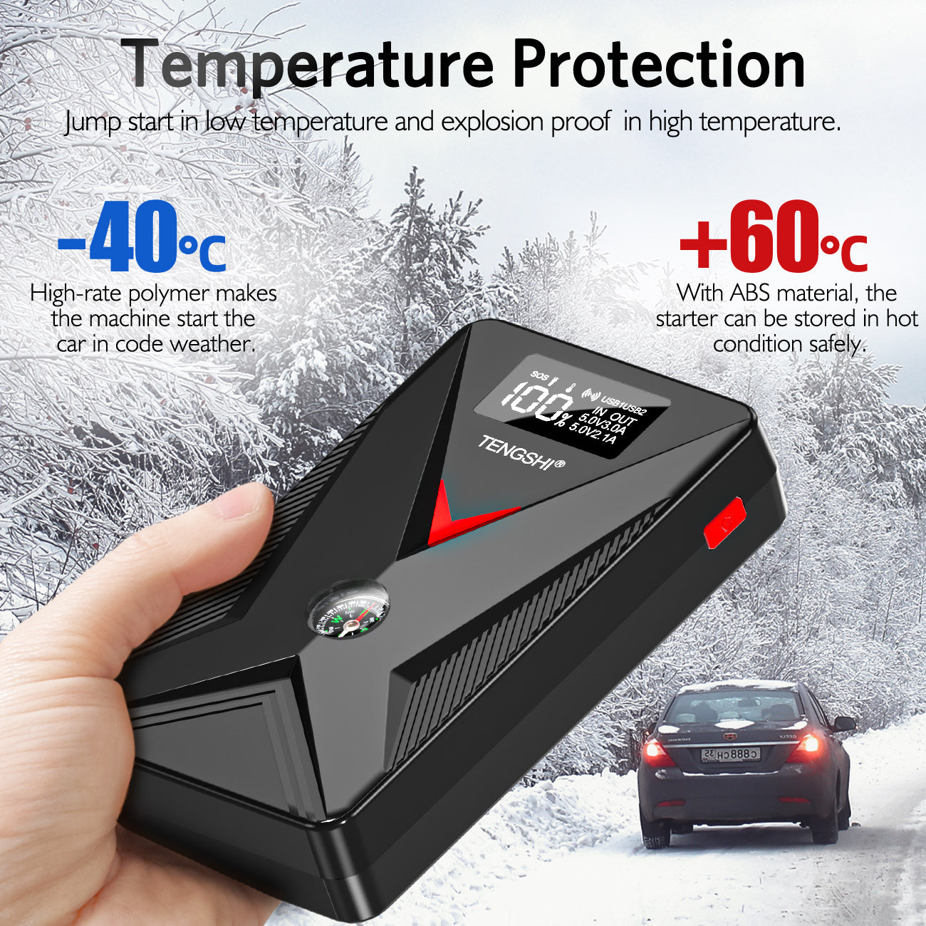 安全便携12V车载汽车应急启动电源搭火过江龙零下-30℃极寒启动充电宝+LED灯过压保护适用所有汽油车